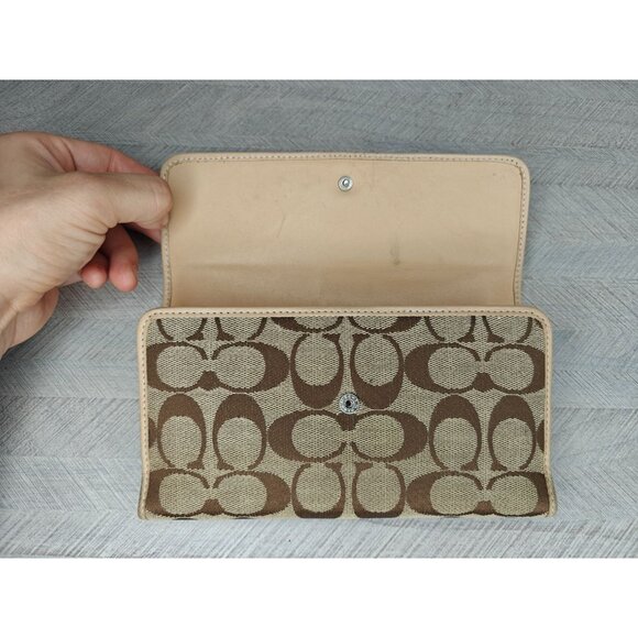 Coach Signature Canvas Women's Leather Wallet Checkbook Beige Brown - Picture 10 of 12